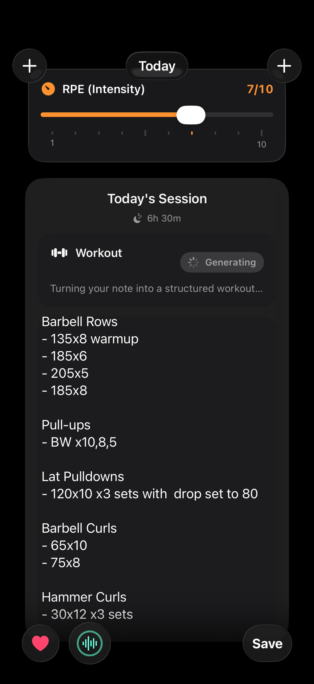 Chalky analyzing today's workout - natural language input being parsed